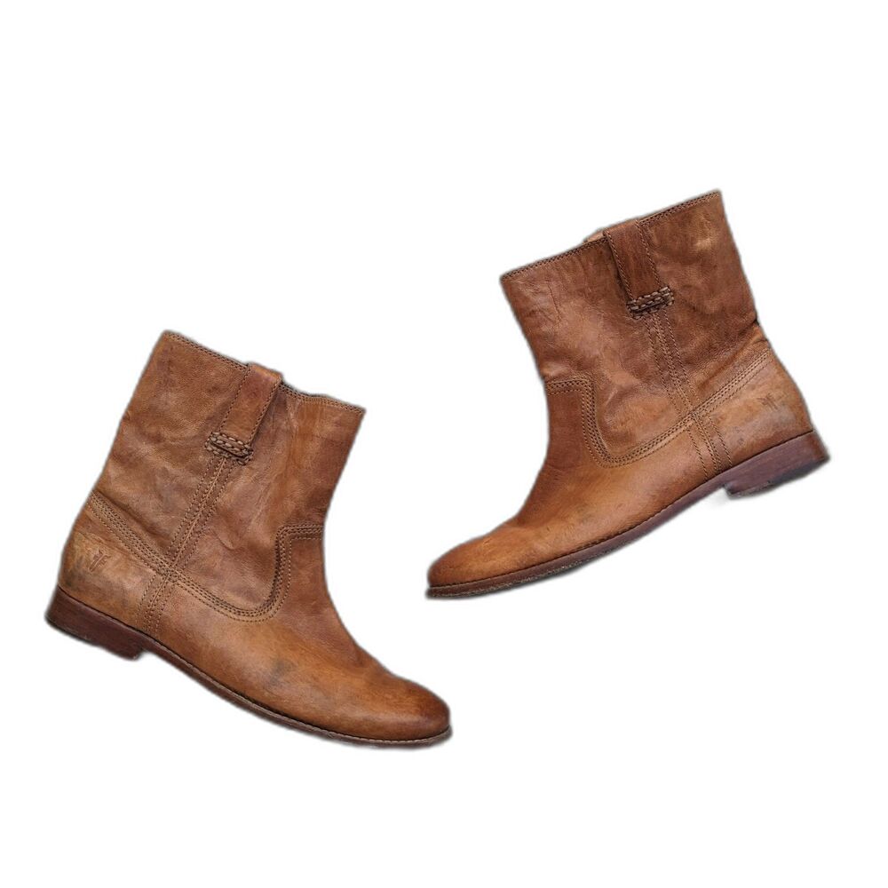 Amazing Weathered FRYE "Ana" Cozy Short Cut Tan Leather Boots/9.5